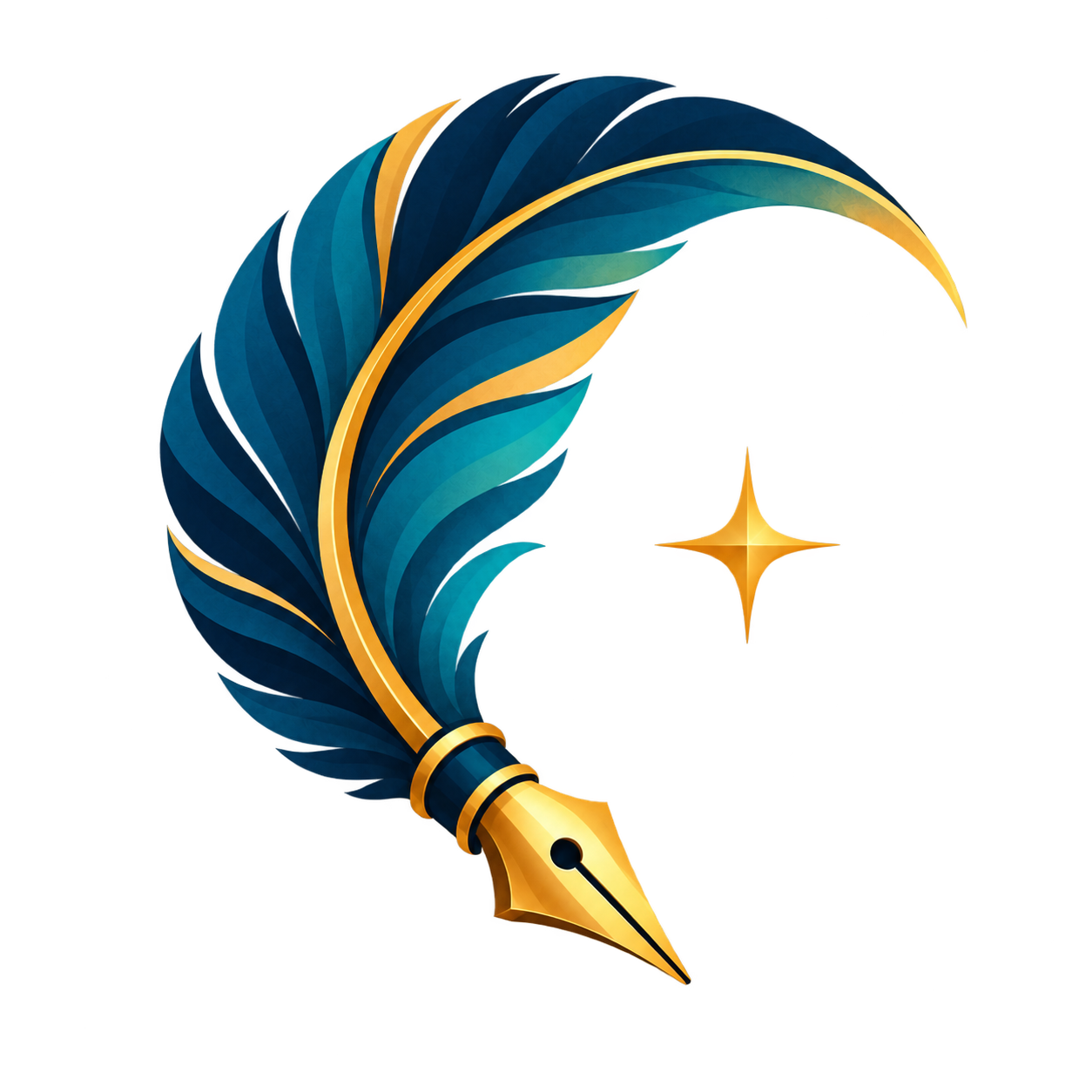 Moonlit Scribe’s crescent-shaped teal feather, with a gold fountain-pen nib and star